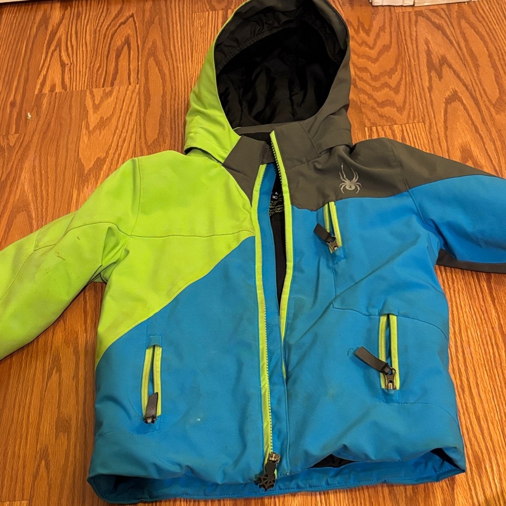 4T Spyder Kids Lime Green and Blue Hooded Puffer Jacket
